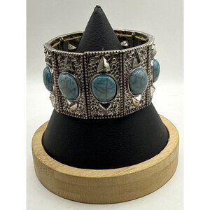 Vintage Silver Tone Bracelet With Turquoise Stone Inlays & Adjustable Fit